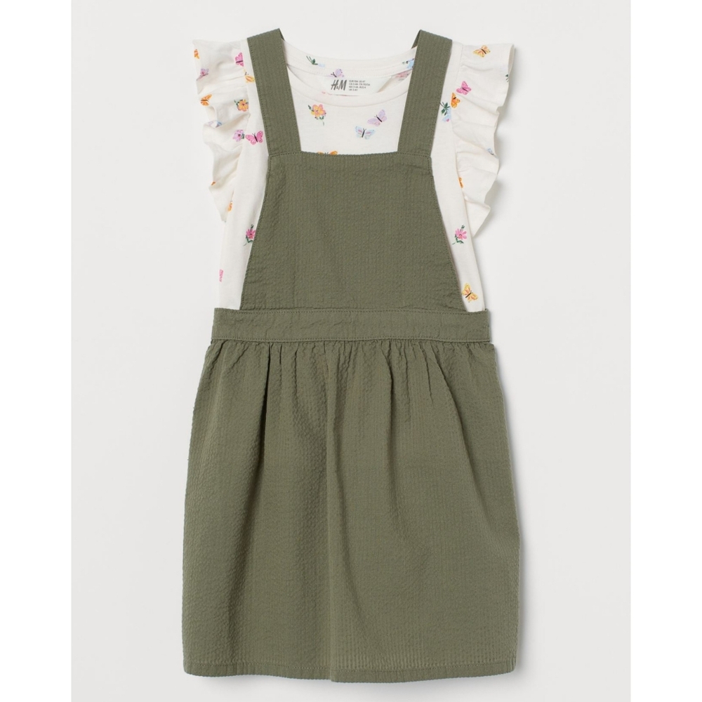 H&M Girls Khaki Green Jumper Dress & Floral Butterfly Shirt Outfit Size 6x